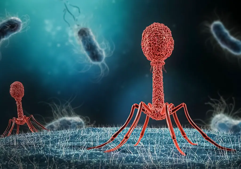 Bacteriophage on the surface of bacteria ready to inject its DNA content