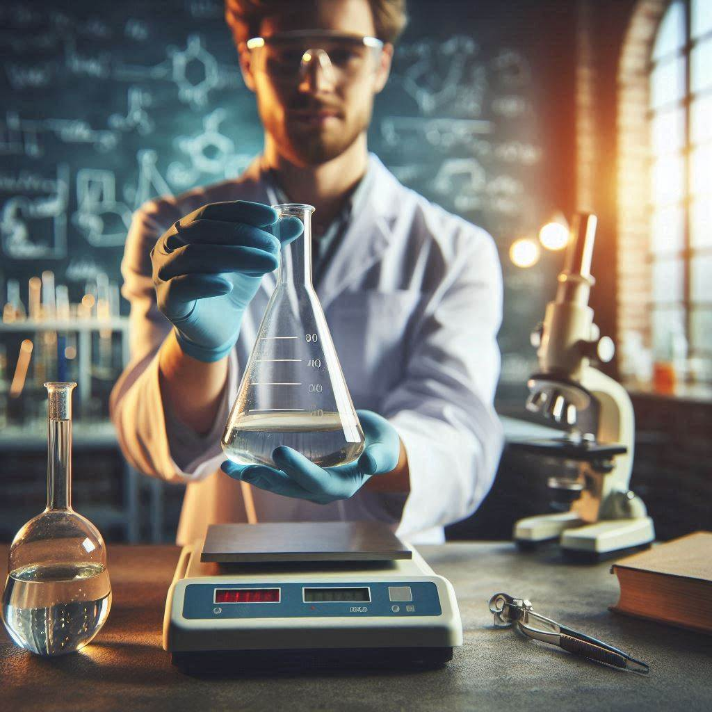 A scientist holding SM buffer on a measuring cylinder